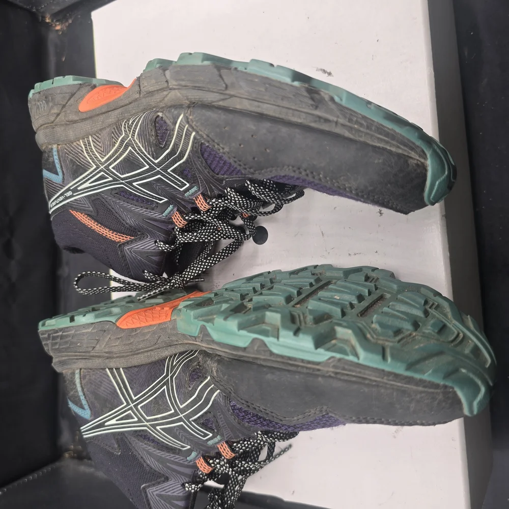 Asics Black and Purple Athletic Shoes with Teal Highlights‎